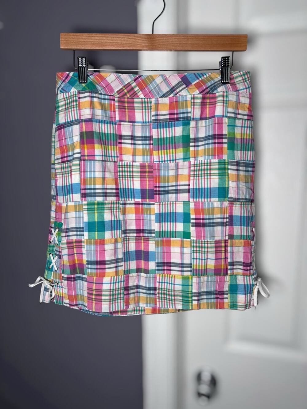 Talbots Pink White Multicolor Plaid Cotton Skirt Side Lace Up Size 8P